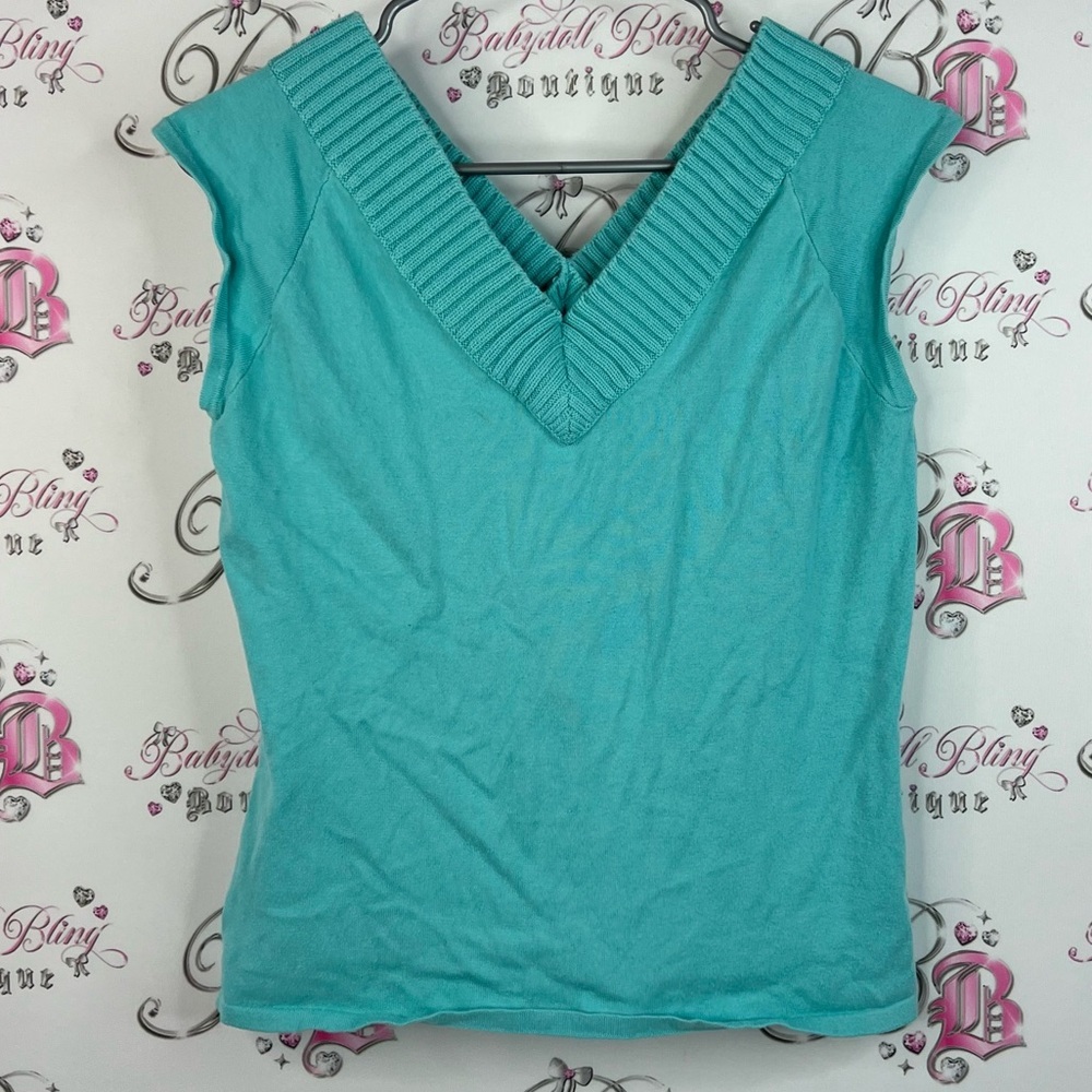 Tank top knit preppy style vest bright blue Teal V-Neck Women's Top